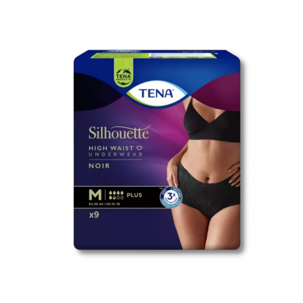 TENA MUJER SILHOUETTE NEGRO CINTURA ALTA TALLA M 9 UNIDADES
